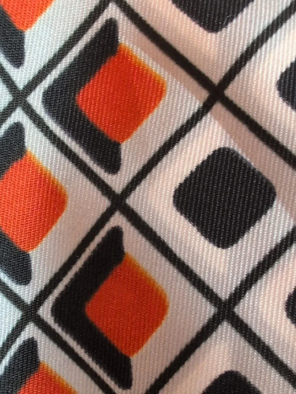 Vintage 1970's Geometric Pattern Silk Scarf in Black, White, Silver & Orange